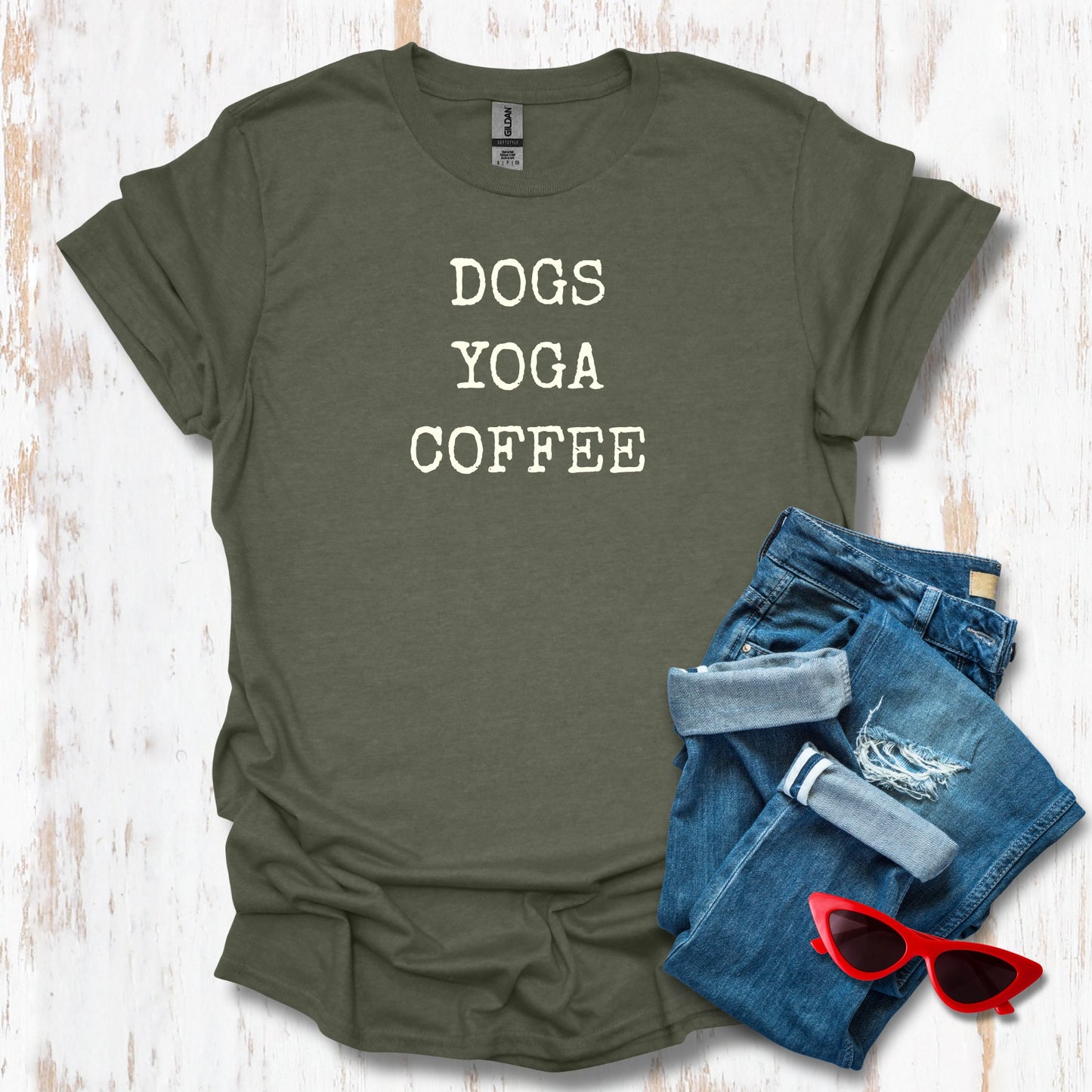 Dogs. Yoga. Coffee Unisex Tee